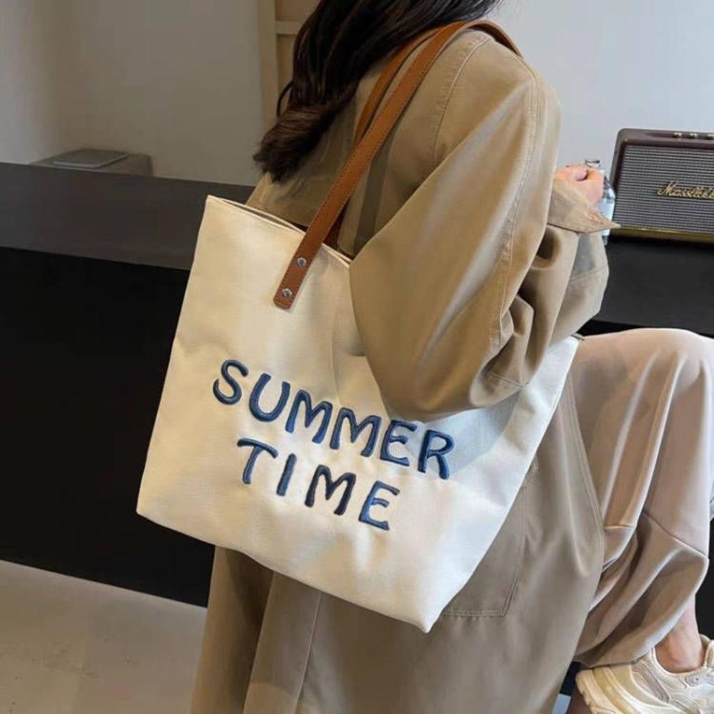 Embroidered letter canvas bag women's new large-capacity commuter tote bag versatile single shoulder student leisure class