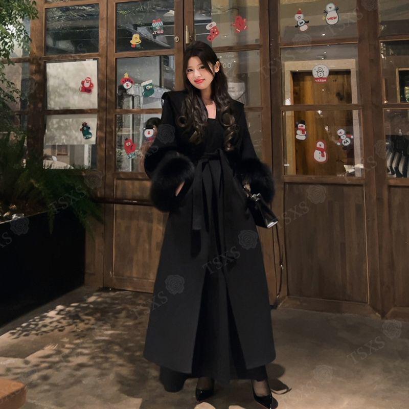 2025 Herbst/Winter Petite Koreanischer Wollmantel mit Pelzärmeln – High-End-Mode