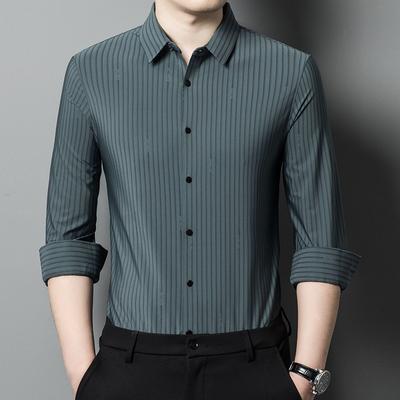 Spring and Autumn New Style Middle-aged Striped No-iron Shirt Men's Long-sleeved Thin Ice Silk Nylon Seamless Shirt Men's Clothing