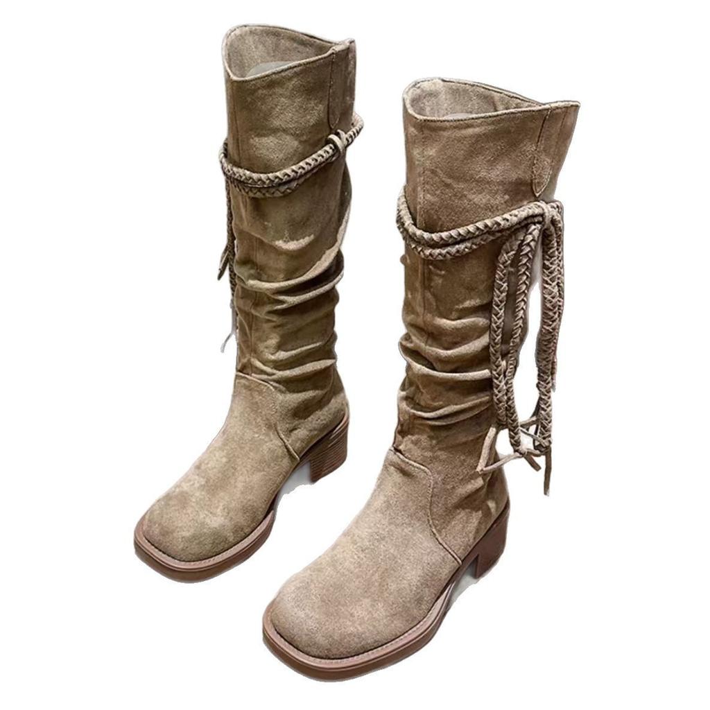 Sheepskin version~ Wasteland wind fat mm long boots women's autumn western knight boots stacking boots big tube circumference summer Xinjiang boots