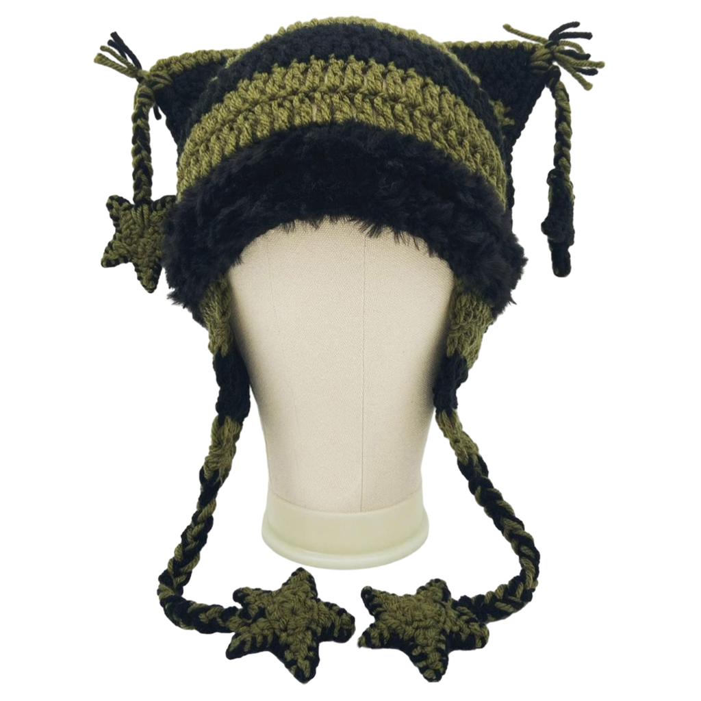 Cartoon Kitten Hat Girls Headgear for Outdoors Activities Skiing with Mini Ears Crocheted Beanie for Skiing Camping