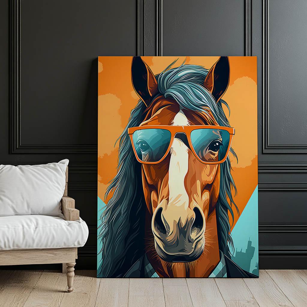 Stylish Horse With Glasses Stylish Horse With Glasses, 50X70 Cm, Dark Brown Wooden Frame, 230 Gsm Matte Paper