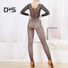 Damen Netz-Overall, ausgehöhlt, langärmelig, dünne Strumpfhose, O-Ausschnitt, hochelastischer Netz-Bodystocking, Tanz-Overall, Latin, Full
