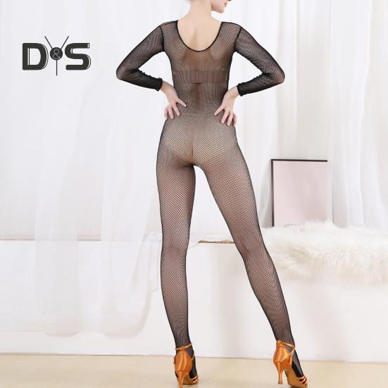 Damen Netz-Overall, ausgehöhlt, langärmelig, dünne Strumpfhose, O-Ausschnitt, hochelastischer Netz-Bodystocking, Tanz-Overall, Latin, Full