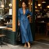 Mid-length Dress Women Button Down Maxi Denim Dress, Long Sleeve Lapel V Casual Loose Neck Flowy A-line Jean with Pockets Summer
