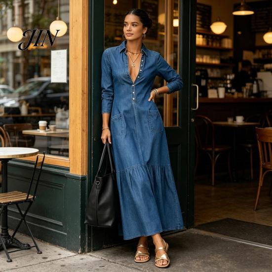 Mid-length Dress Women Button Down Maxi Denim Dress, Long Sleeve Lapel V Casual Loose Neck Flowy A-line Jean with Pockets Summer