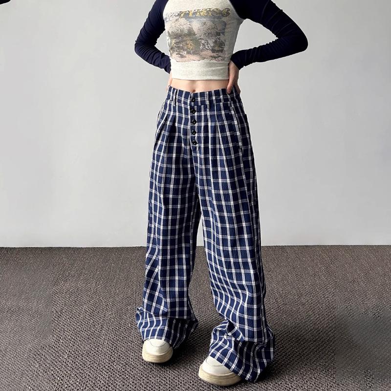 

Женские брюки с высокой талией в клетку с широкими штанинами - Ретро повседневный осенне-зимний стиль M синий