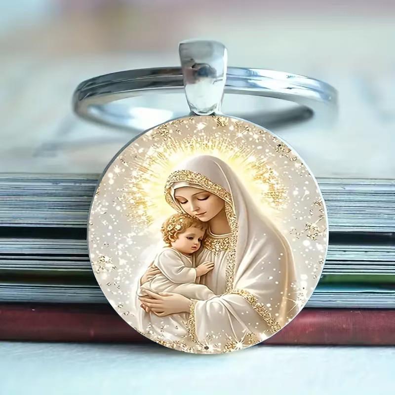 Blessed Virgin Mary Aluminum Round Keychain Gift For Religious Jewelry Collectors