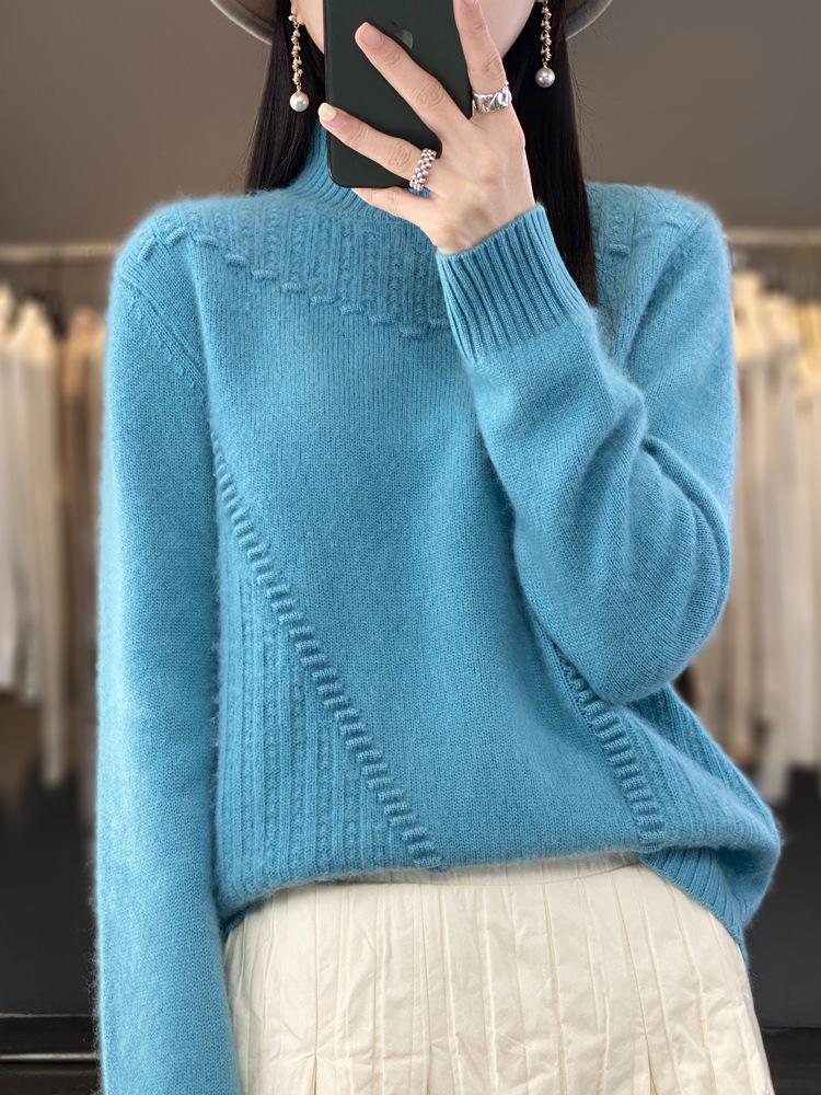 Women's 100% Pure Wool Jacquard Sweater - Soft, Fluffy, Thickened Half-High Collar, Loose Fit, Solid Color.