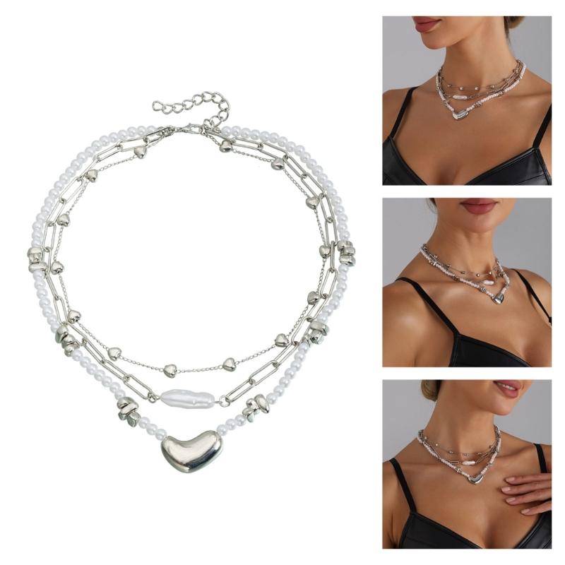 Elegant Irregular Heart Shaped Pendant Layering Pearls Necklace Alloy Jewelry For Women Fashion Accessories