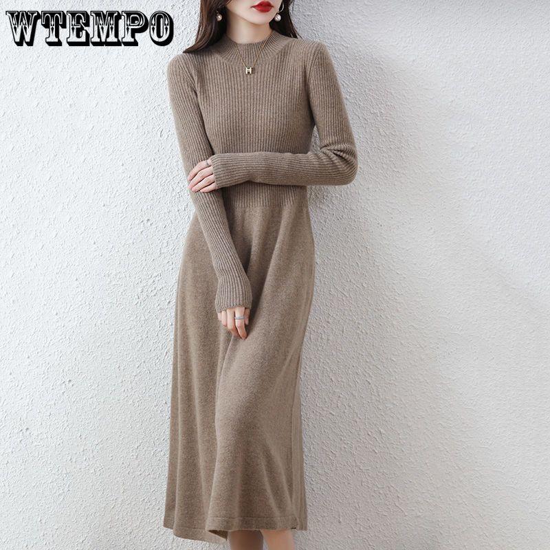 Autumn and Winter Knitted Dress for Women's Casual Mid-length Half Turtleneck Pullover Long-sleeved Sweater Dress