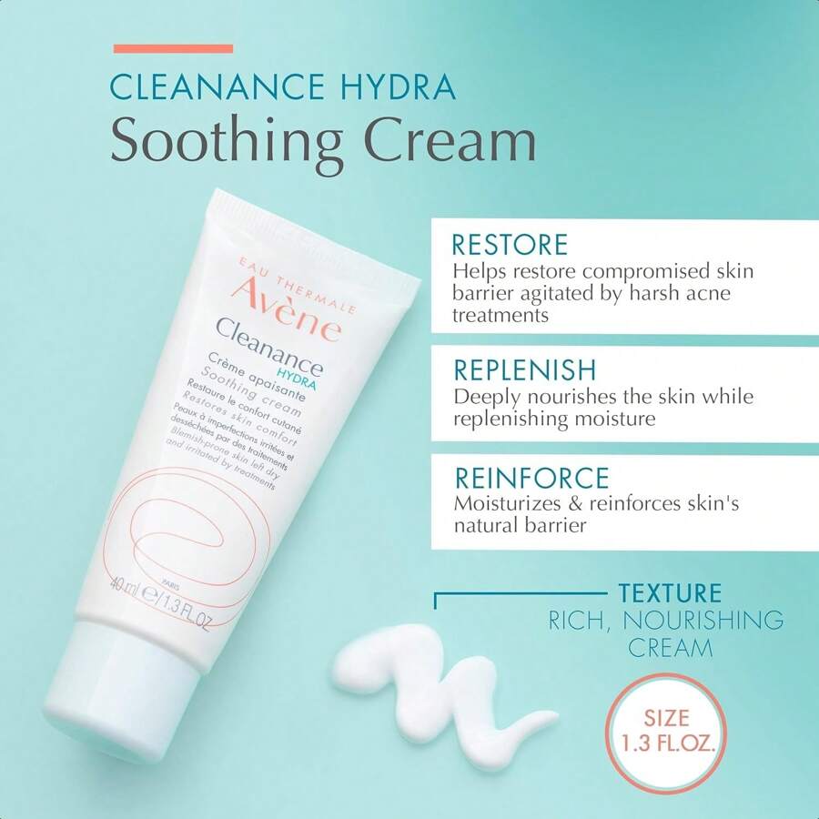 Avene Cleanance HYDRA Soothing Cream, Rich Moisturizer, Adjunctive Care For Drying Acne Treatments