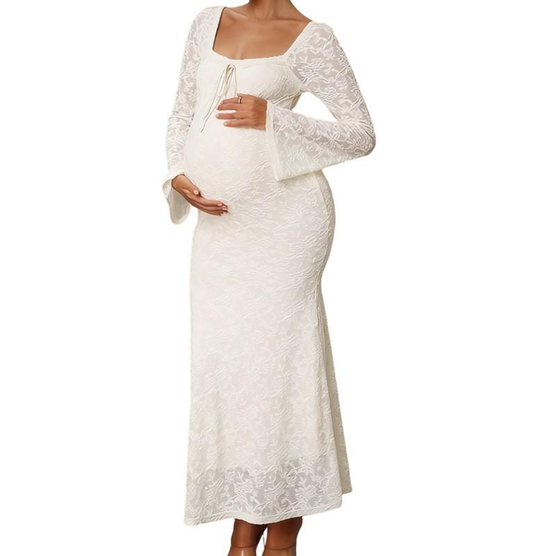 Maternity Dress Fall Winter Flared Sleeve Fitted Elegant Gown