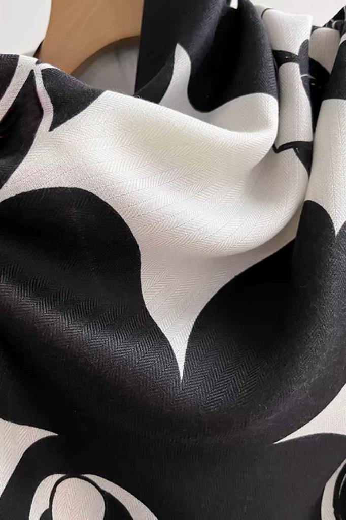 Black and White Scarf with Graphic Flowers - Modern Pattern, 100% Viscose, 178x66