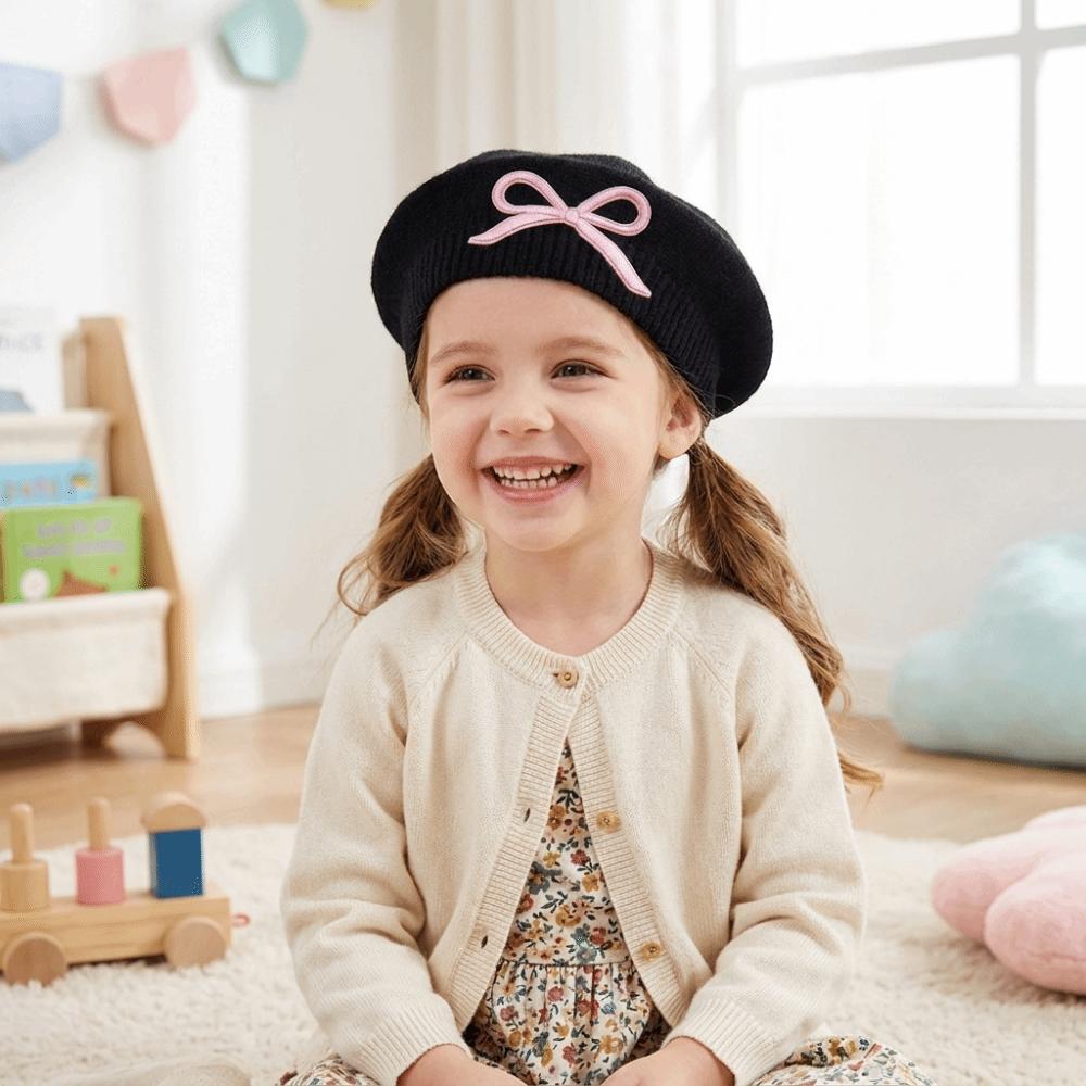 Soft Children Knitted Beret Warm Beanie Cap Stylish Bow Embroidery Painter Hat Infant Toddler