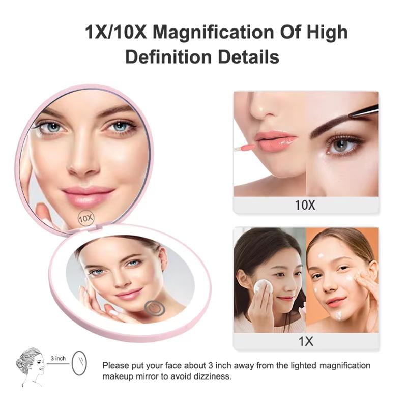 1X/10X Magnification LED Pocket Compact Cosmetic Mirror Rechargeable Slim Travel Makeup Mirror with Lights Portable Double Sided
