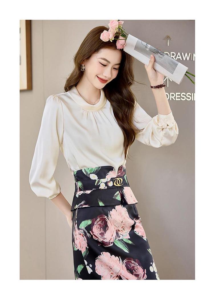 2025 Spring Fashion Slim Fit Long-Sleeve Shirt & Midi Skirt Set