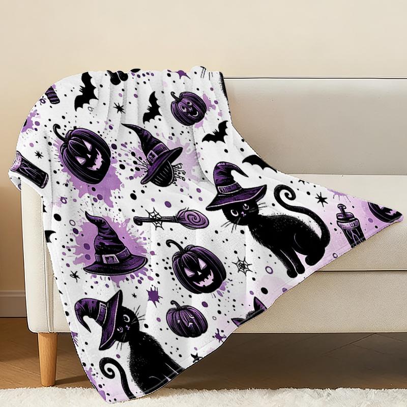 Black Cat Witch Flannel Throw Blanket Lightweight, Soft & Warm Halloween Christmas Home Blanket for Cozy Leisure