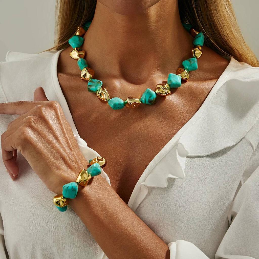 Salircon Boho Resin Acrylic Metal Beaded Necklaces Bracelets Set for Women Vintage Elegant Clavicle Choker Party Jewelry Gifts