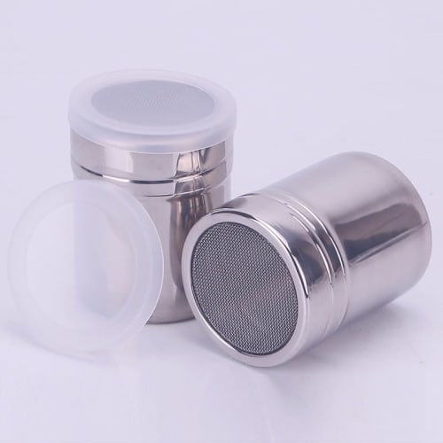 Set of 2 Powder Shaker Cans, Stainless Steel Powder Shaker Bottles for Sprinkling Sugar, Cocoa, Coffee, Chocolate, Pepper, and More, Perfect for Cooki