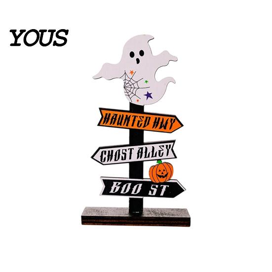Halloween Atmosphere Props Wooden Sign Decoration, DIY Ghost Pumpkin Bat Tabletop Ornament with Table Decorations Spooky Slogans, Rustic for