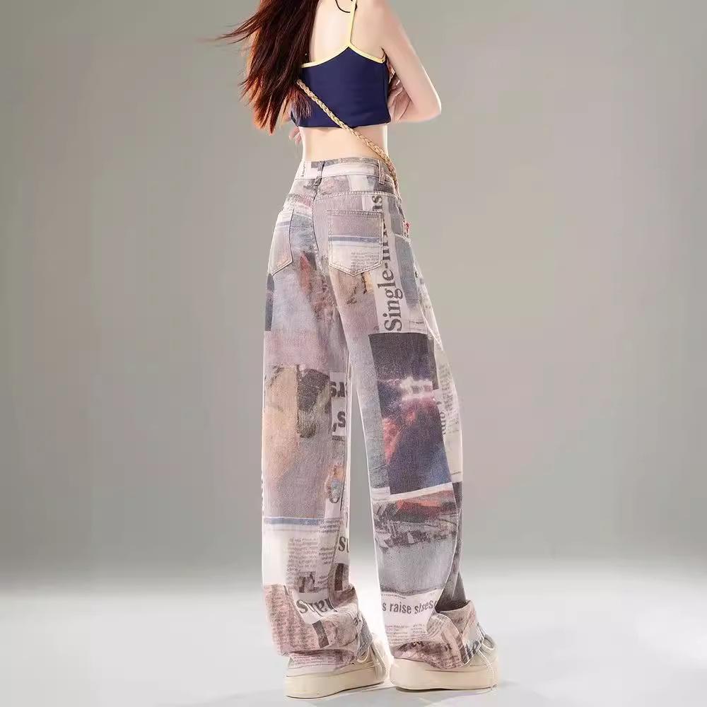 Women's Retro High Waist Newspaper Print Wide Leg Jeans