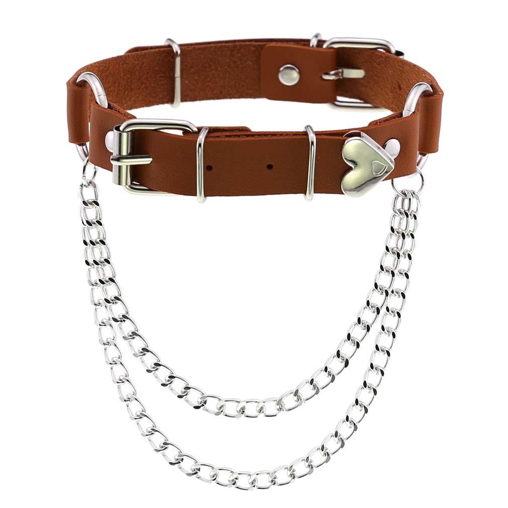 DIEZI Sexy Lignt Brown PU Leather Necklace Women Men New Harajuku Gothic Vintage Heart Chain Choker Statement Necklace Jewelry