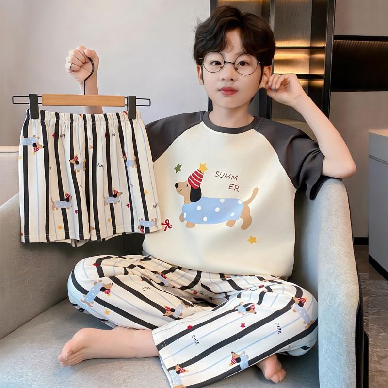 Cotton 3-Piece Pajama Set Boys Lightweight Short Sleeve Sleepwear Cartoon Print Home Wear Ages 8