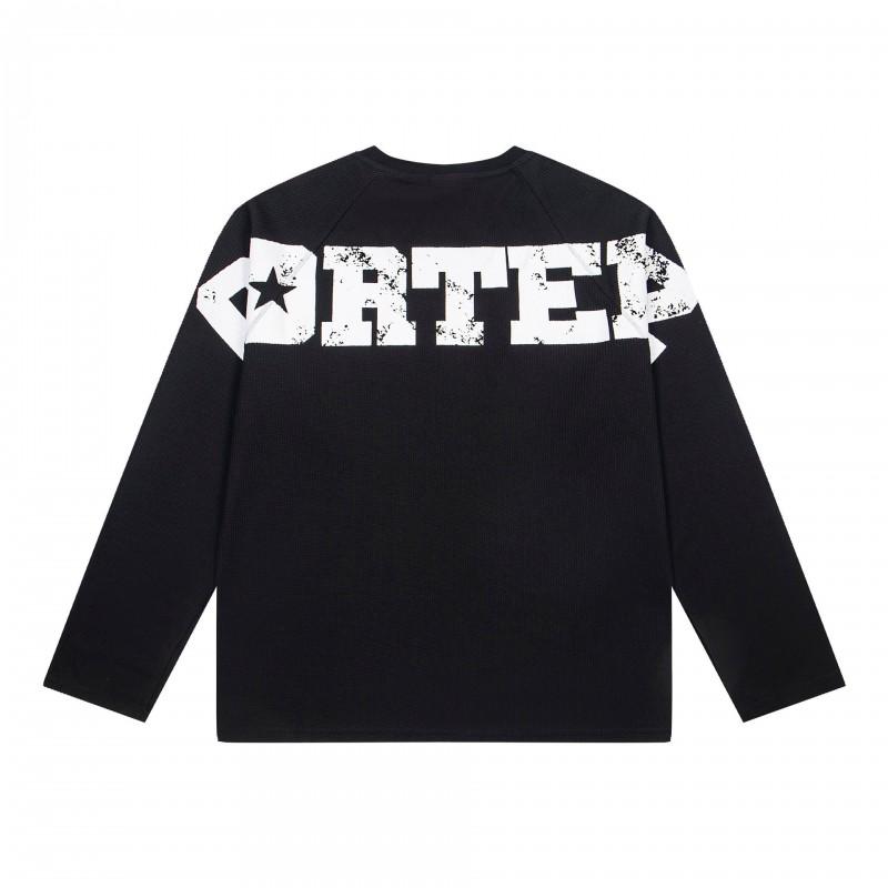 Mens Streetwear Long Sleeve Tee With Waffle Texture Print Loose Fit Cotton T-Shirt Fall Casual Wear