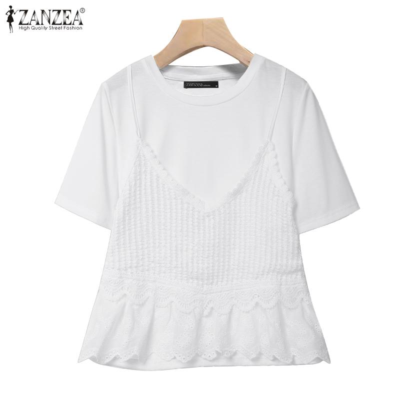 ZANZEA Womens Casual Patchwork Lace Crochet Summer Short Sleeve T-shirts