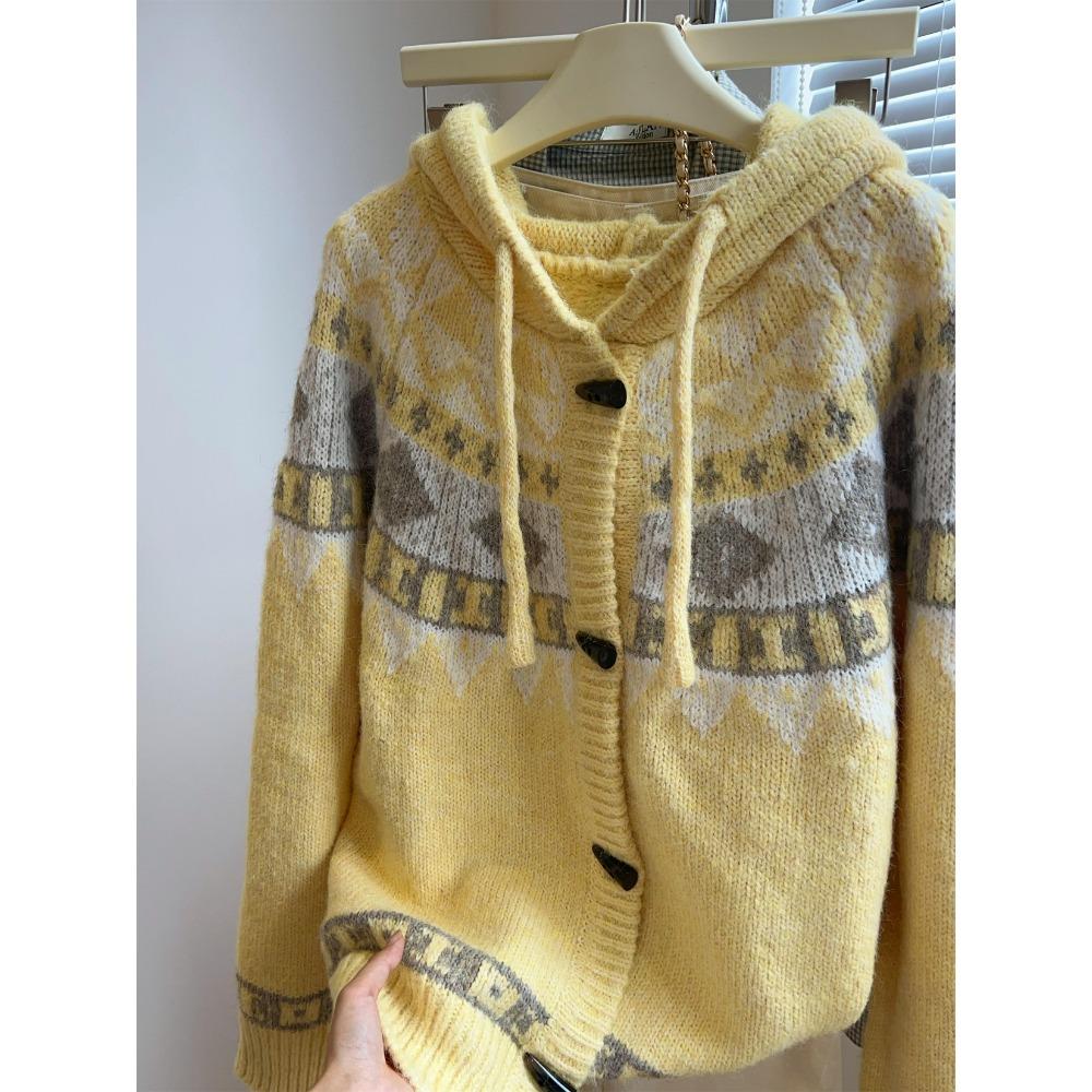 Dimanaf 2025 Autumn Sweaters Cardigan Yellow Women Pattern Printing Buttons Sweaters Knitting Loose Sweater