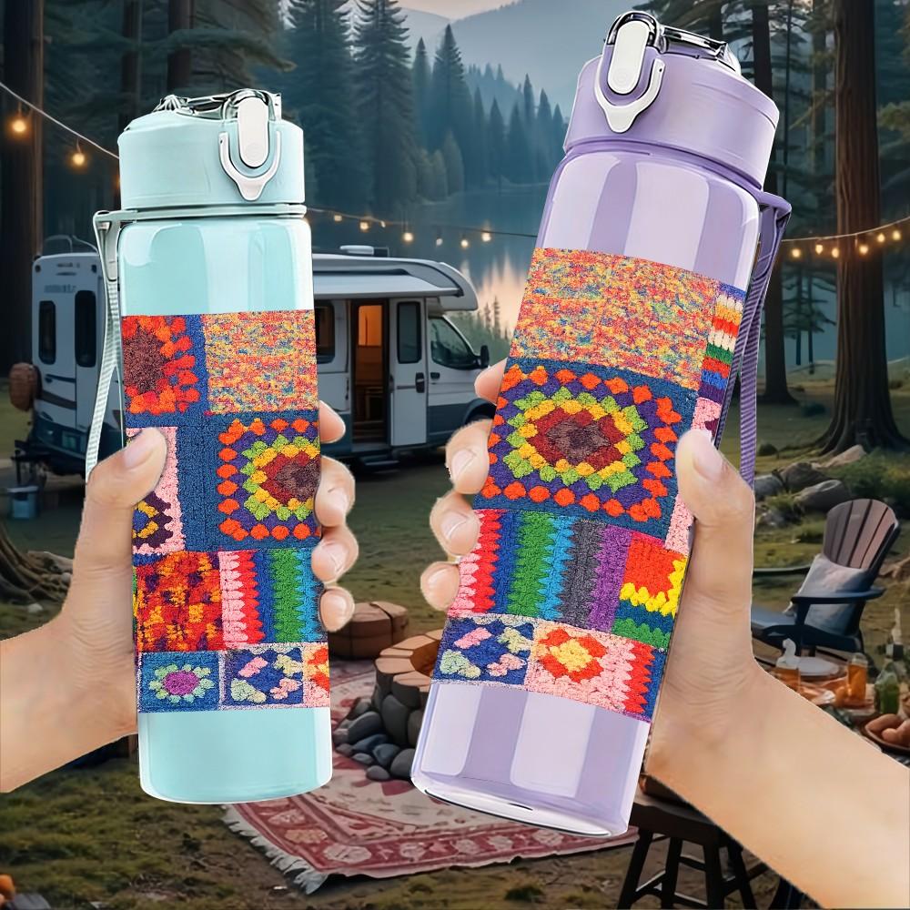 1PC Color Block Patchwork Art Print 750ml Color Plastic Sports Water Bottle Leakproof Flip Straw Lid Suitable for Sports Office Home Use