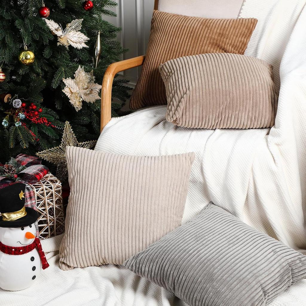 6 Pcs Winter Corduroy Throw Pillow Covers Bulk 18x18 Multicolor Striped Decorative Square Soft Plush Throw Pillow Cases Modern Style for Living Room