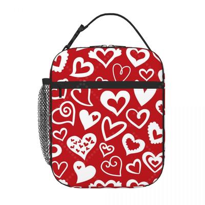 Heart Red Valentine Day Lunch Bag Reusable Portable Cooler Thermal Lunch Box Oxford Bento Tote Bag for Work Travel Picnic