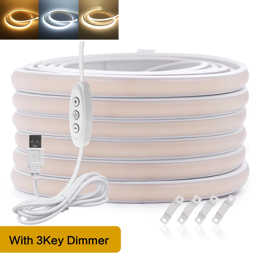 5V USB COB Neon LED Strip with Touch Dimmer/Switch 320LEDs/M IP68 Warm Natural White Flexible Rope Light Cabinet Room Decor 1-5M