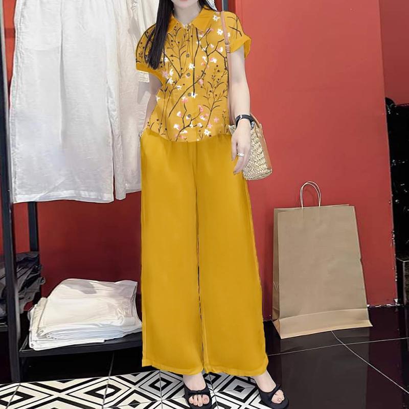 ZANZEA Women Short Sleeve Print Blouse and Pants Summer Two Piece Suit Sets