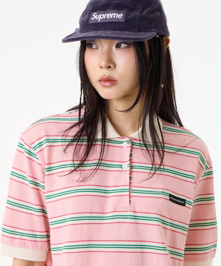 UNKNOWN PLANET Retro Multi-Stripe Polo Shirt Pink