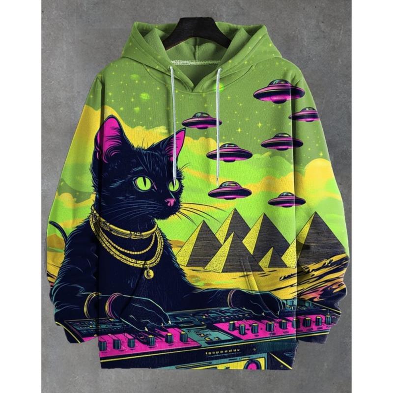 Guitar Cat Hoodies Graffiti Art 3D Print Men Women Hip-Hop Hooded Sweatshirts Harajuku Y2k Pullover Tracksuit Coat Man Clothing