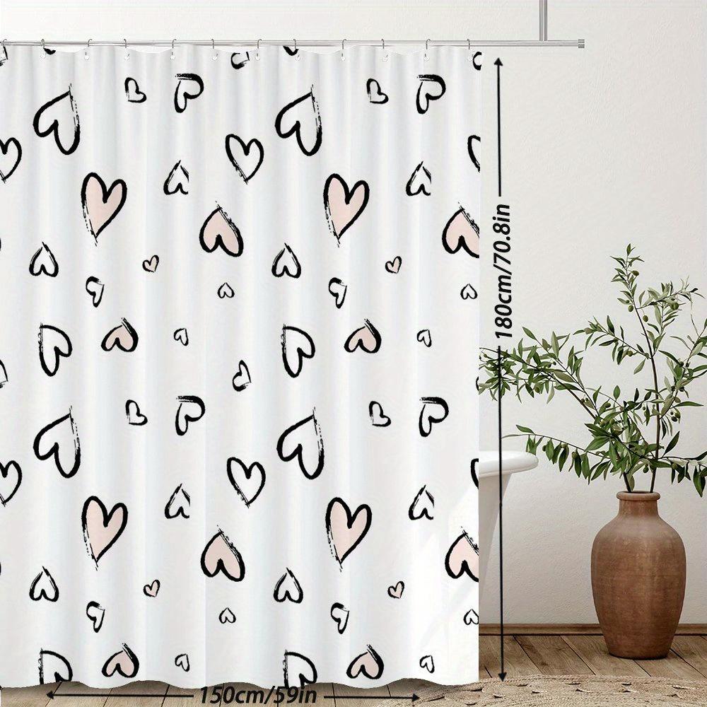 1pc Hand-Drawn Hearts Shower Curtain - Whimsical Black Outline & Pink Fill Playful Pattern, Durable Polyester Fabric, Machine Wa