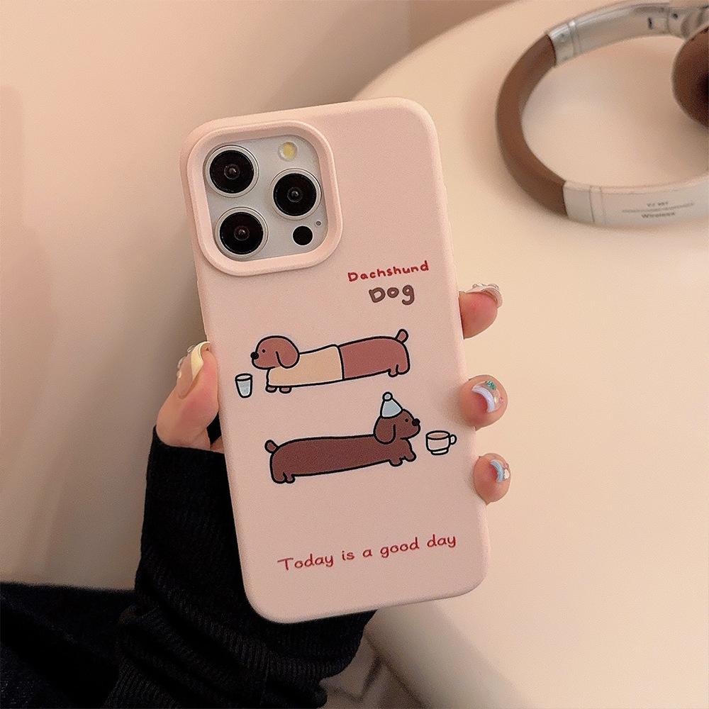 Růžový kreslený pouzdro na telefon s jezevčíkem