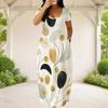 Women Plus Size Round Neck Short Sleeve White Printed Loose Maxi Dress With Side Pockets