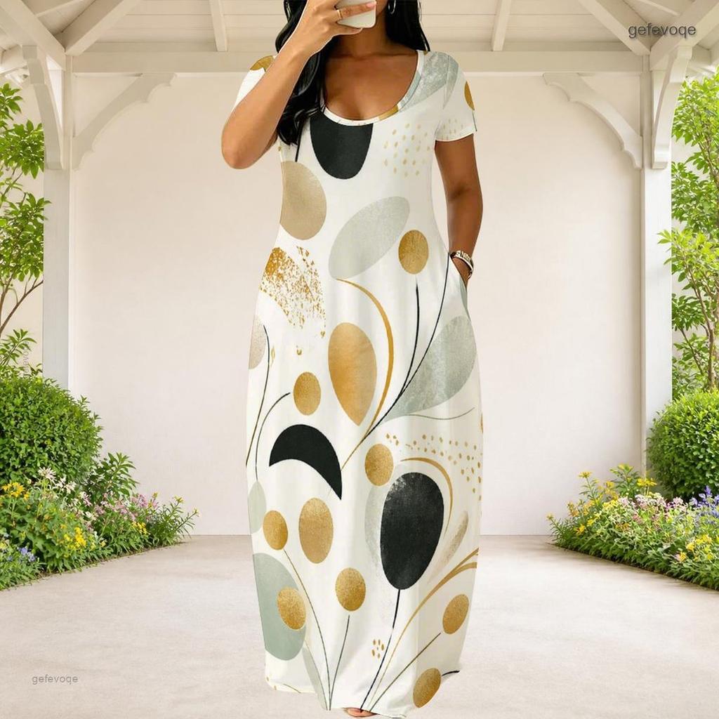 Women Plus Size Round Neck Short Sleeve White Printed Loose Maxi Dress With Side Pockets