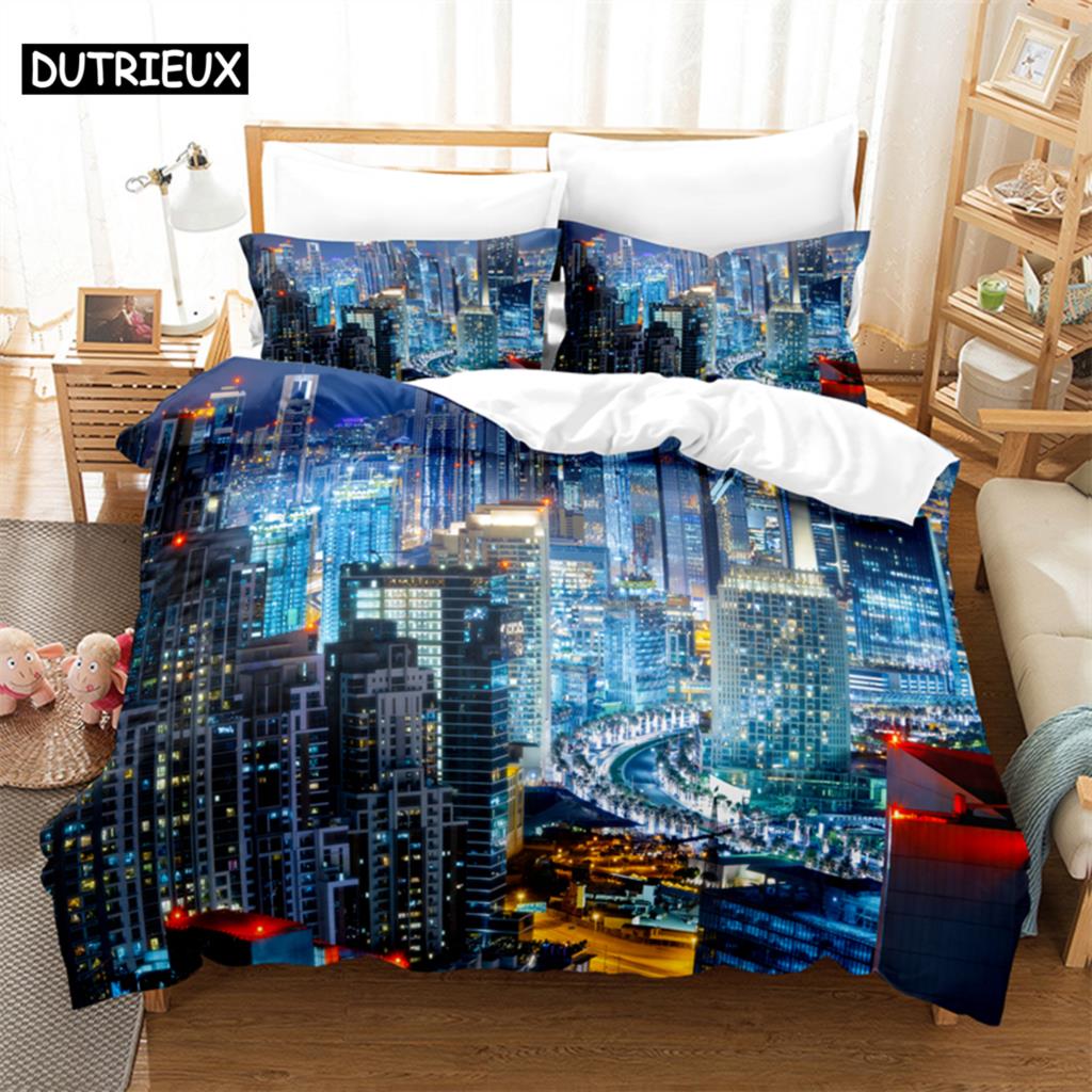 3D Digital Printing Fashion Design City Night Scene Beding Set, Quen Sized Dimensions Soft with Soft Fabric Duvet Cover Set