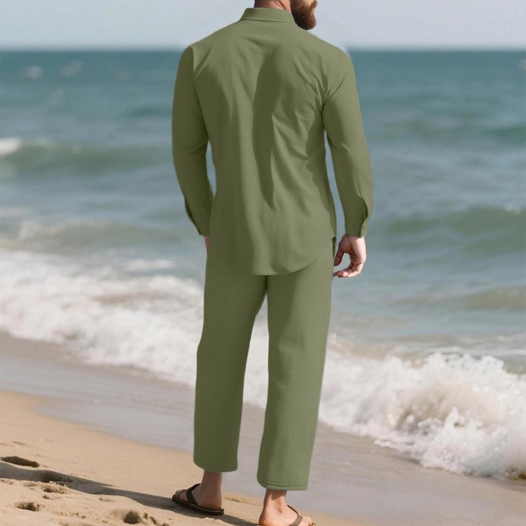Men's Linen Relaxed Fit Long Sleeve Shirt and Pants Beach Set for Summer