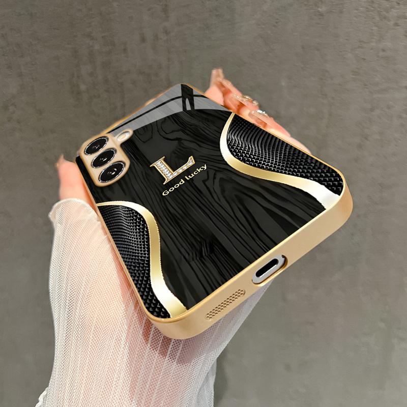 Gold L-Shape Pattern 2D Phone Case for Samsung S26 S25 S24 S23 S22 S21 S20 A56 A36 A16 - Golden Glass Protective Cover