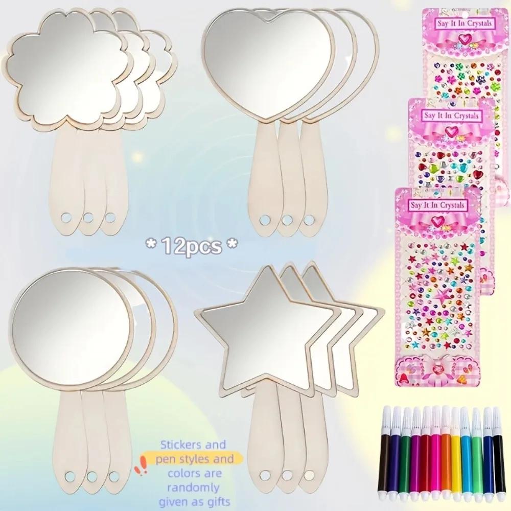 1 Set DIY Wooden Mirror Craft Unfinished Birthday Party Gift Kids Decorate Mirrors with Paintbrushes Princess Mirror Crafts
