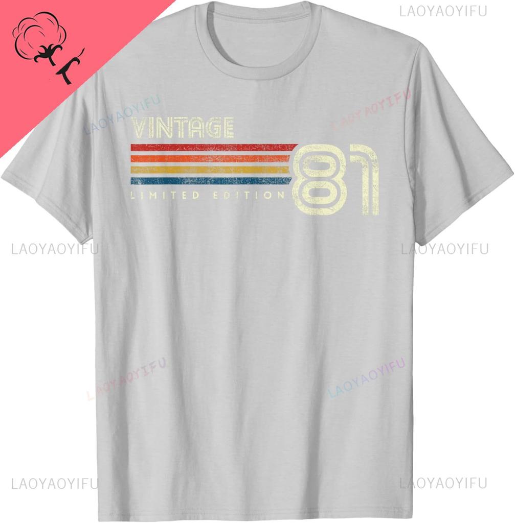 Vintage 1981 Chest Stripe Birthday Tshirt Casual Streetwear Cotton Printed Tshirt Camiseta Hombre