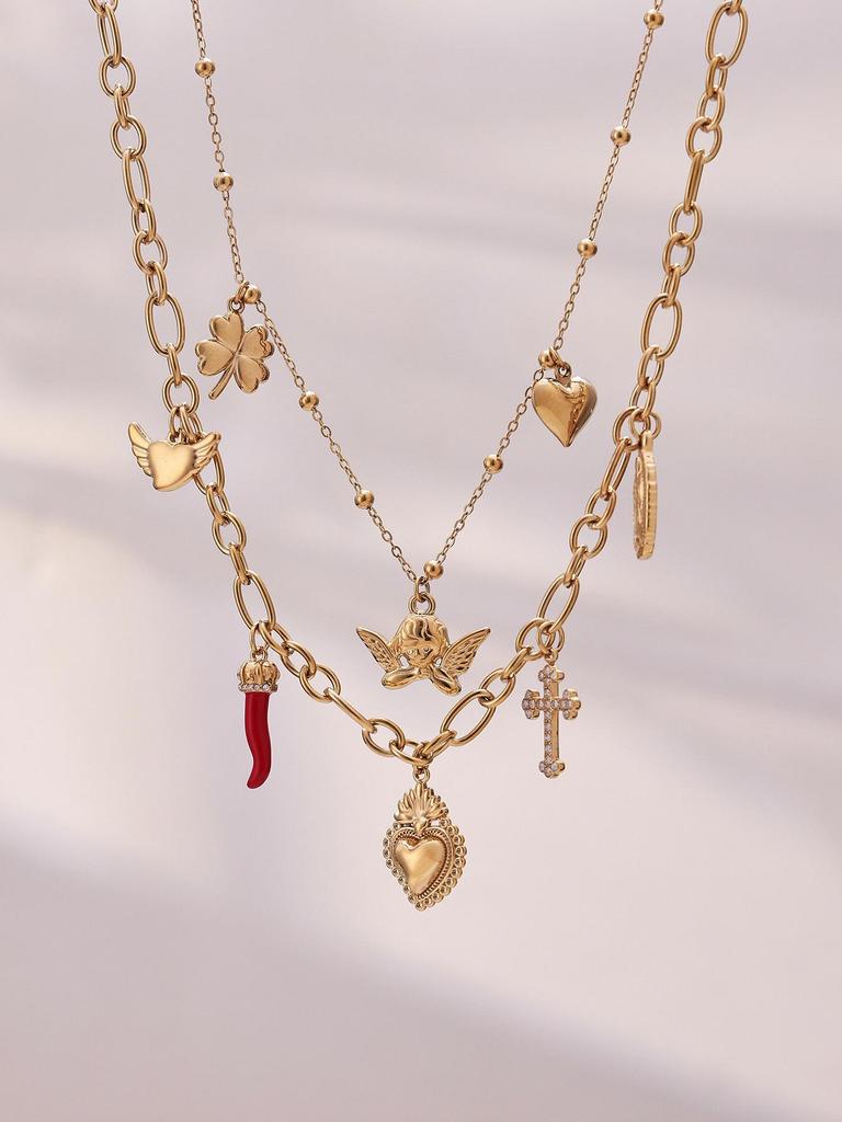 European Luxury Heart Multi-Pendant Double Layer 18K Gold-Plated Stainless Steel Necklace