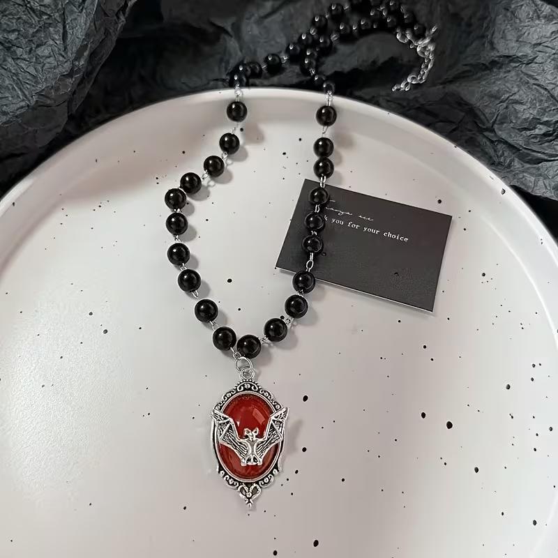 Gothic Style Metal Cross Love Skull Pendant Necklace Set Y2K Personalized Love Thorn Cross Black Bead Necklace