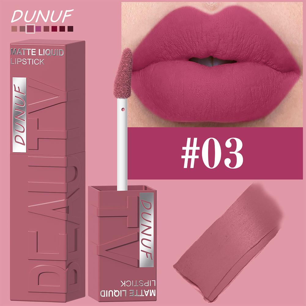 DUNUF 8-farbiger matter Samt glatter einfach aufzutragender quadratischer Tuben-Lippgloss wasserfester dreidimensional aufpolsternder Lippenstift
